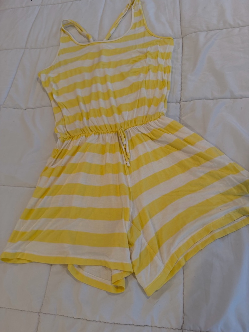 Yellow & White Striped Sleeveless Romper with Drawstring Waist